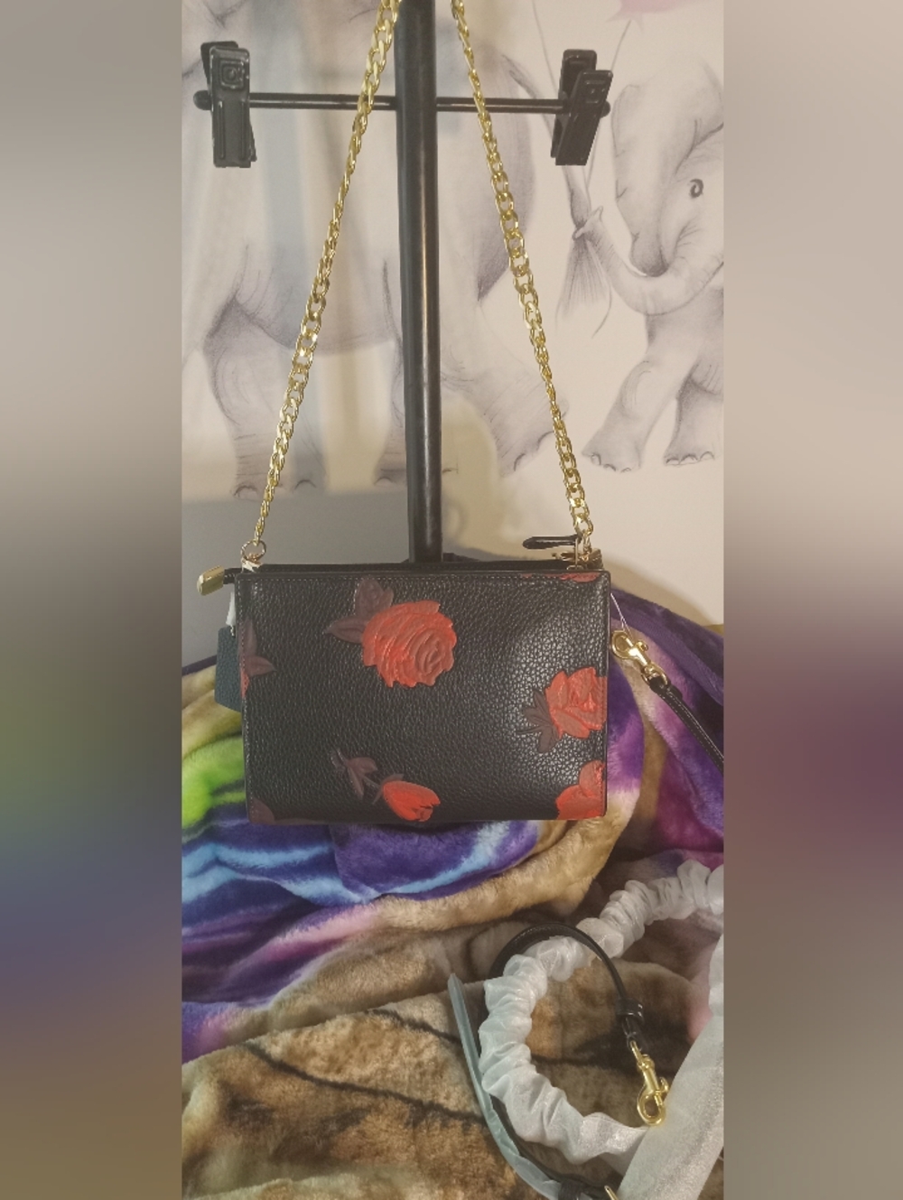 Coach Black Pebbled Leather Slim Crossbody W/Red Rose Floral Print NWT
